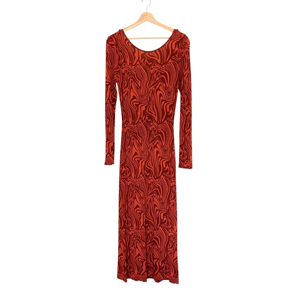Paloma Wool Viscose Knit Swirl Graphic Maxi Dress L Rust Orange Retro Indie